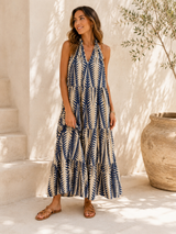 Navy Aztec Print Tiered Maxi Dress