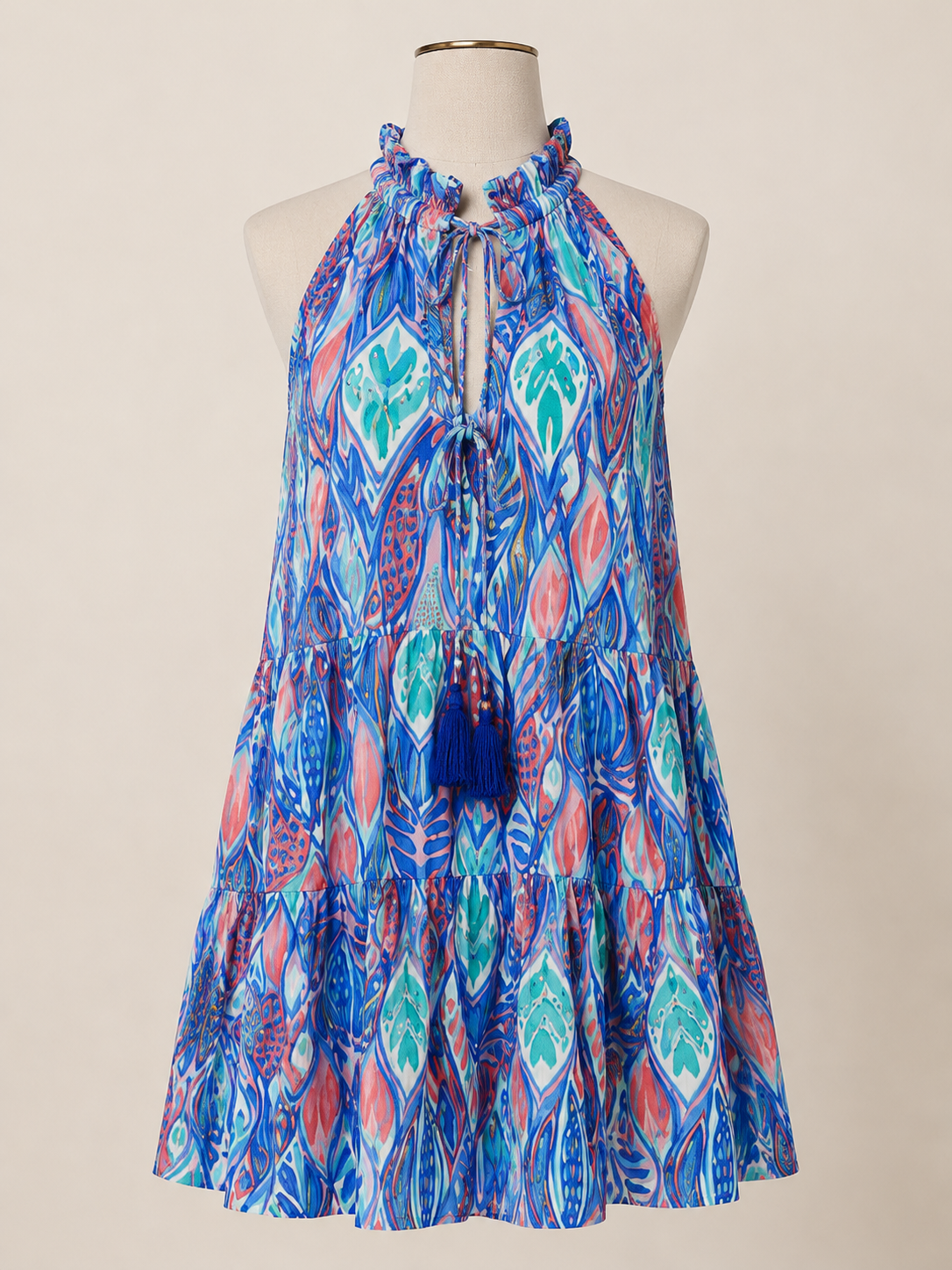 Blue Leaf Halter Mini Dress