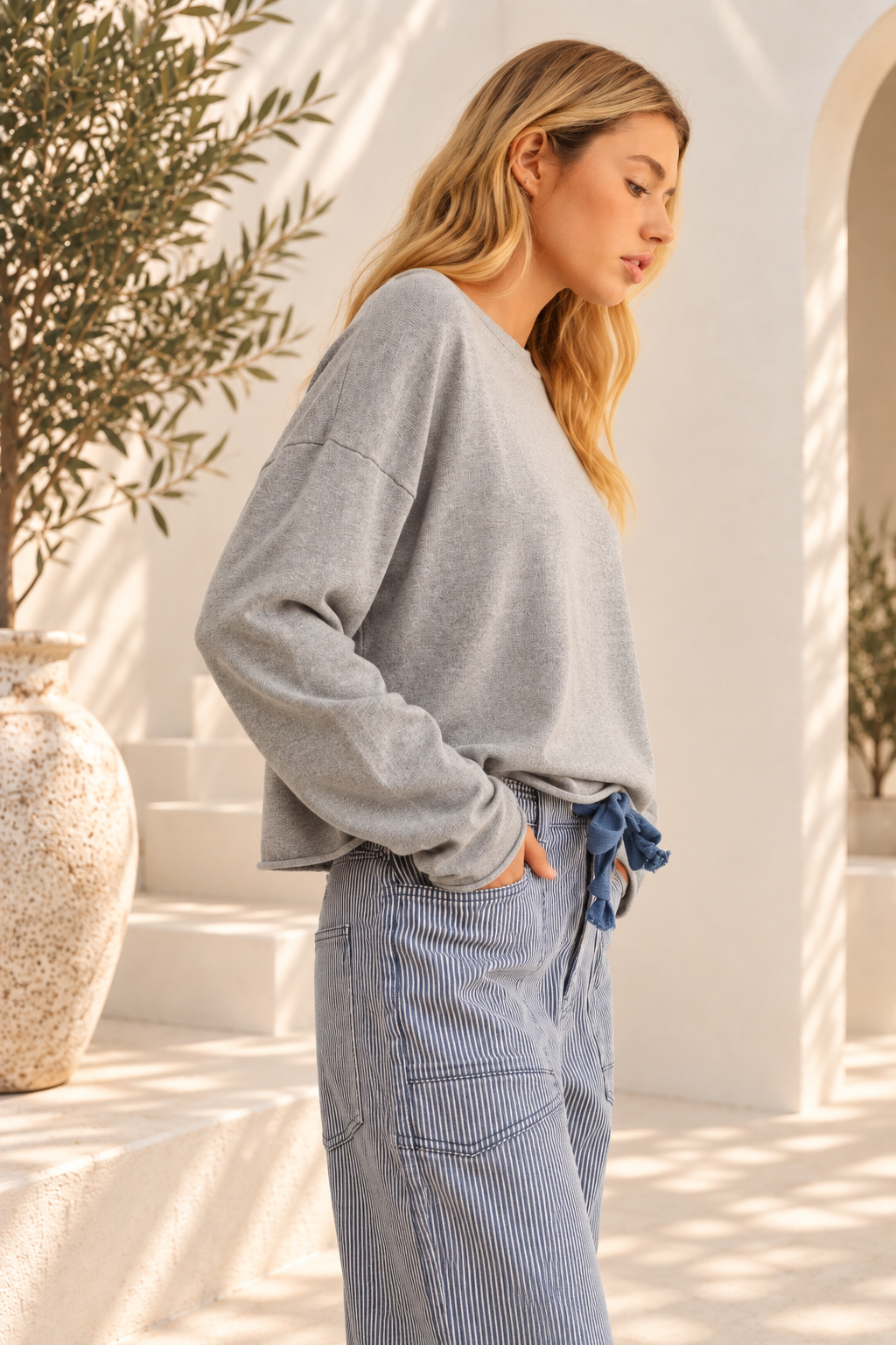 Waffle Knit Pullover - Grey