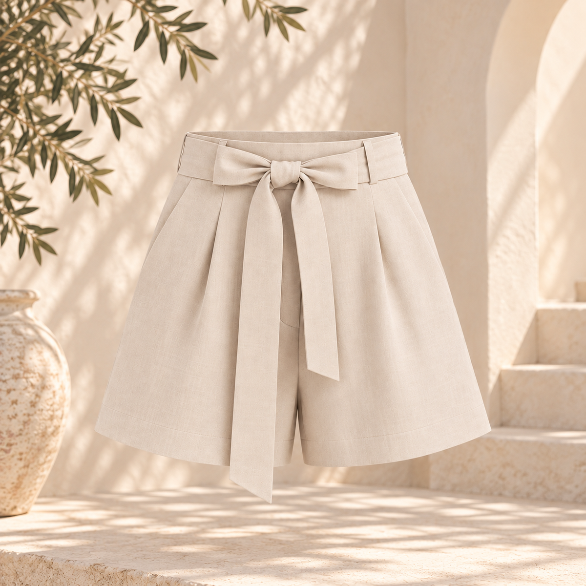 Tan Tailored Tie-Waist Shorts