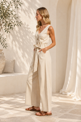 Linen Button Down V Neck Jumpsuit