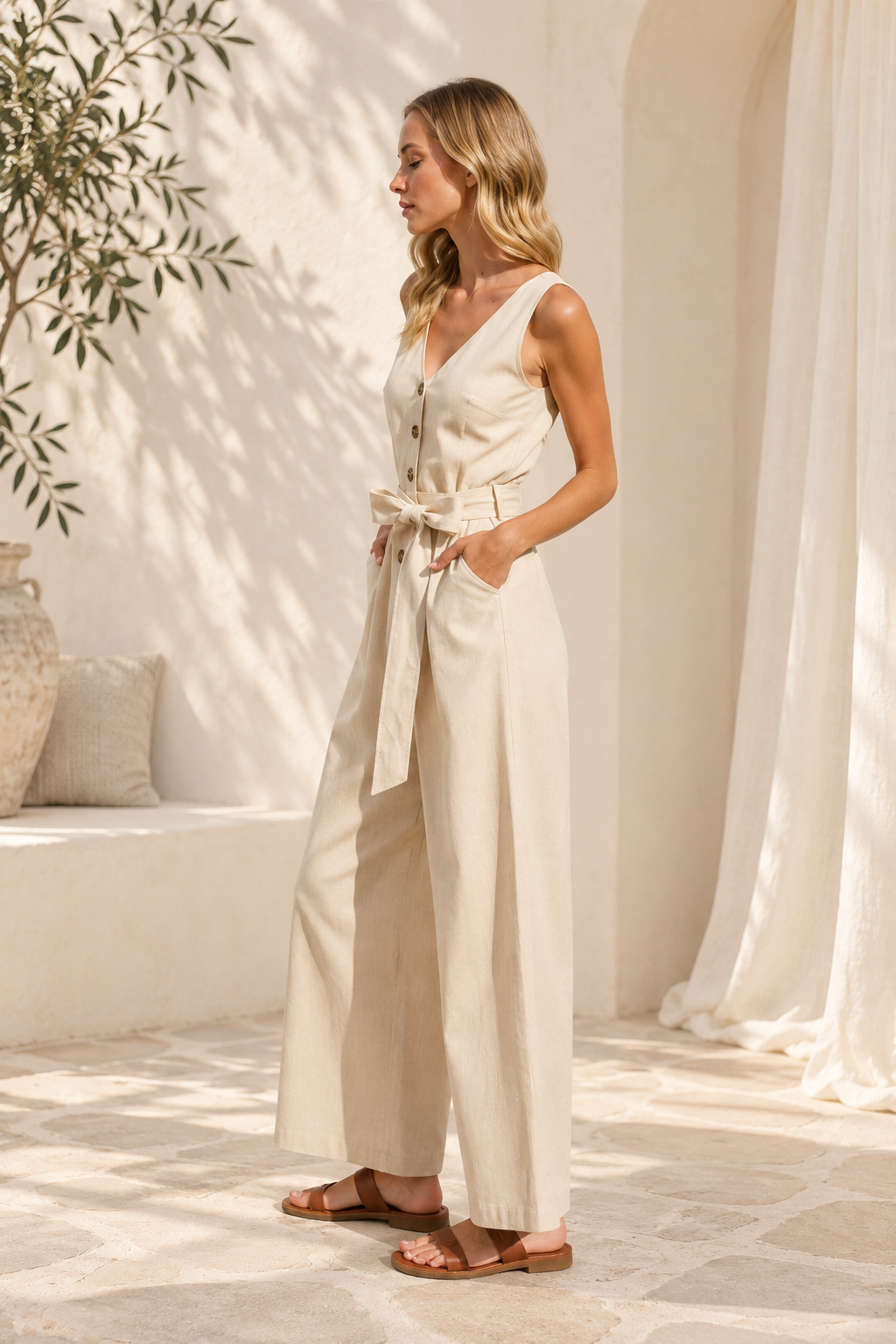 Linen Button Down V Neck Jumpsuit