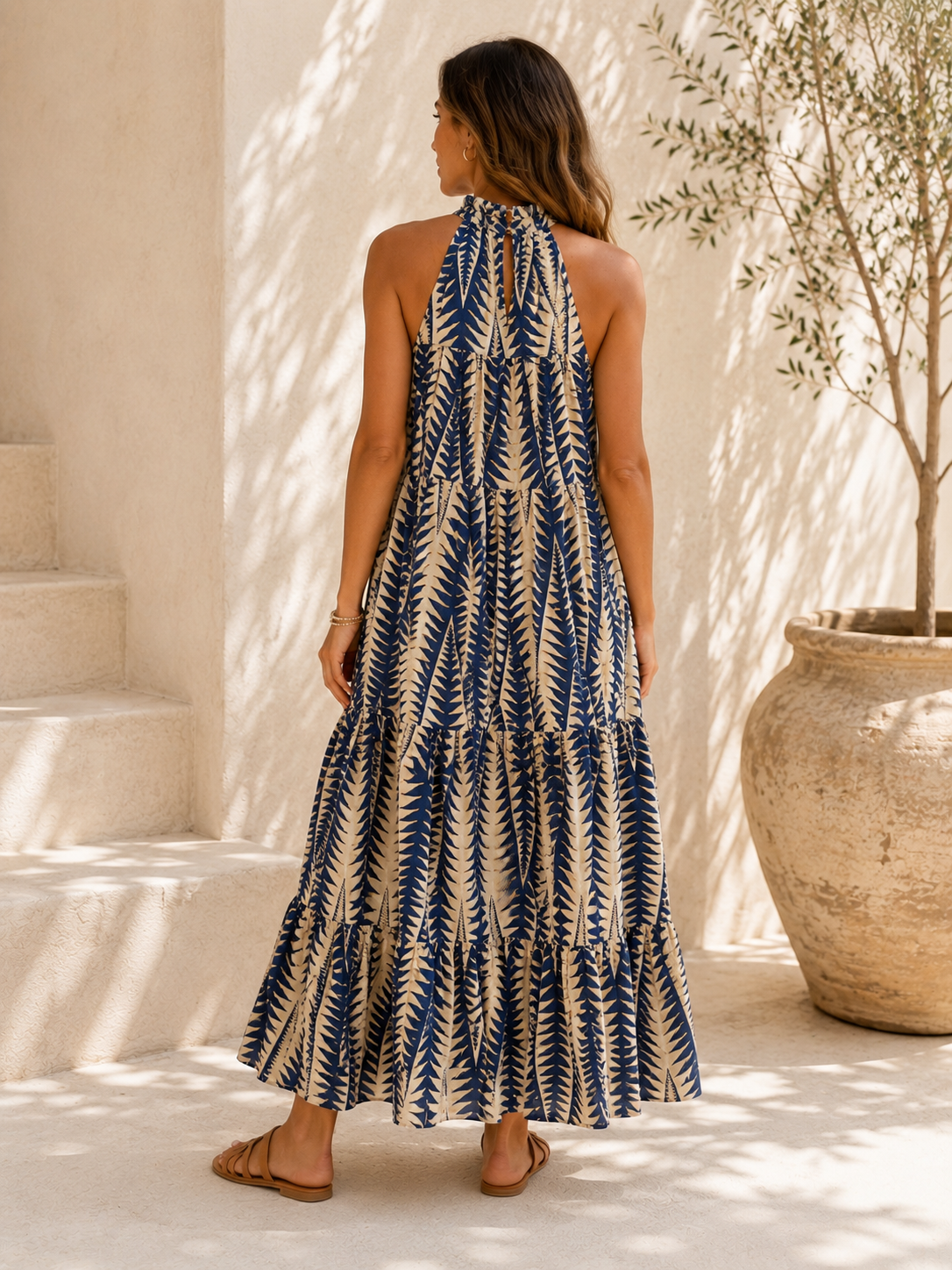 Navy Aztec Print Tiered Maxi Dress