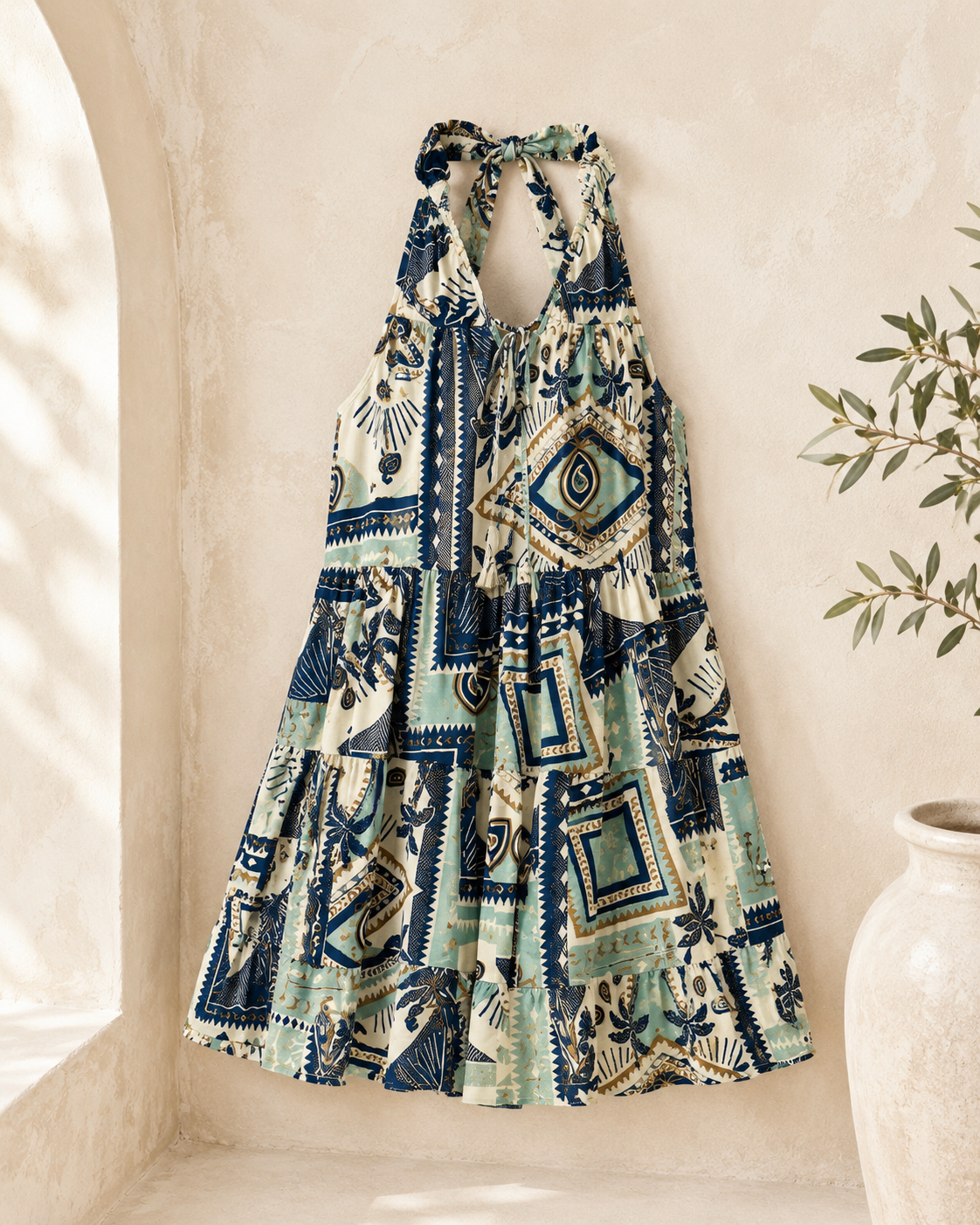 Navy Aztec Print Tiered Mini Dress
