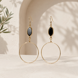 Black Stone & Gold Hoop Drop Earrings