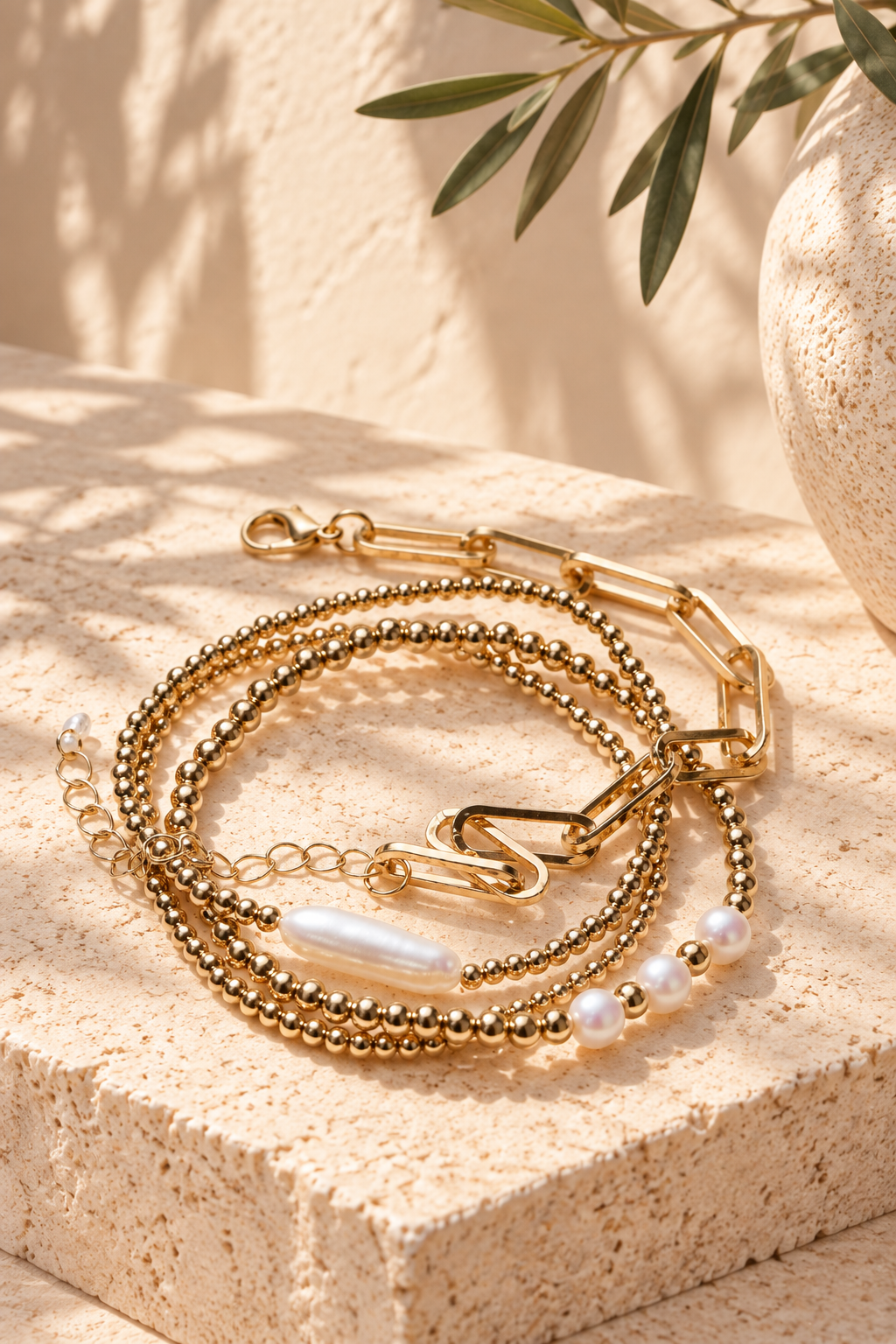 Gold and Pearl Mix Stackable Bracelet Set