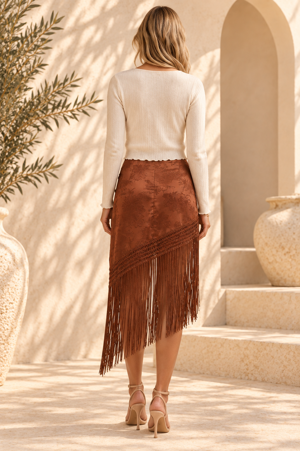Floral Jacquard Fringe Midi Skirt