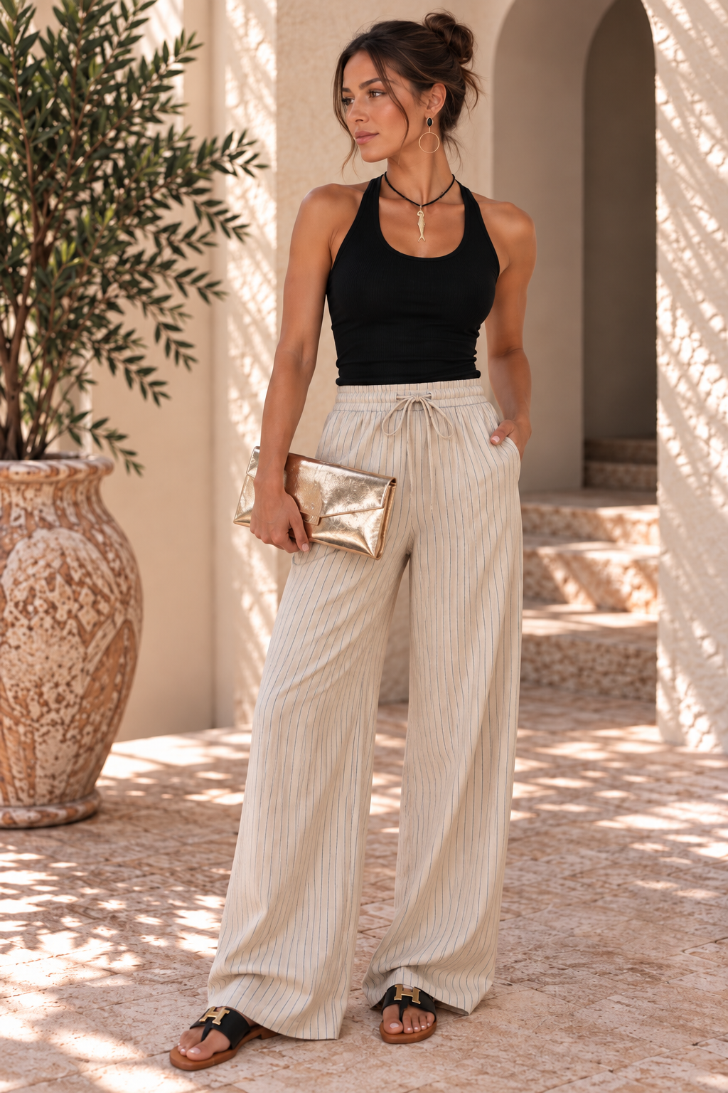 Blue & Cream Stripe Wide Leg Pants