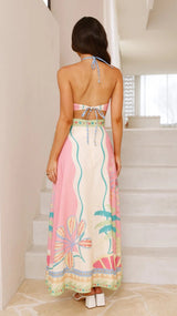 Tropical Print Halter Cutout Maxi Dress