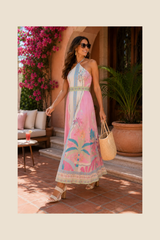 Tropical Print Halter Cutout Maxi Dress