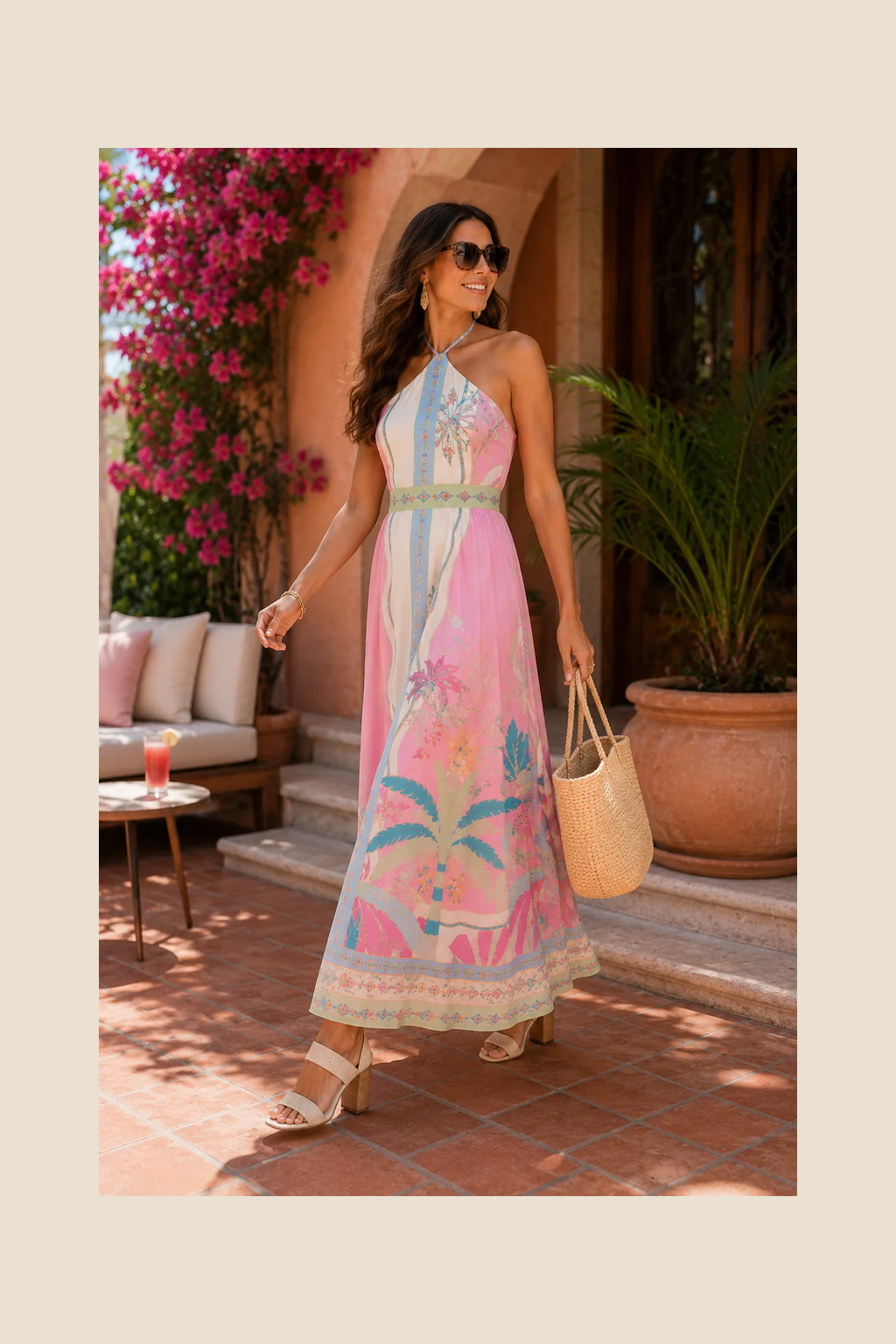 Tropical Print Halter Cutout Maxi Dress